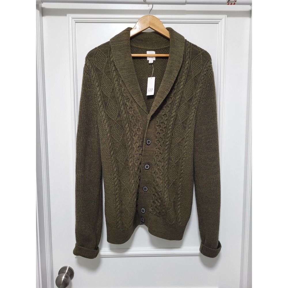 New Gap Military Green Cableknit V Neck Oversized Cardigan Sweater Sz M
